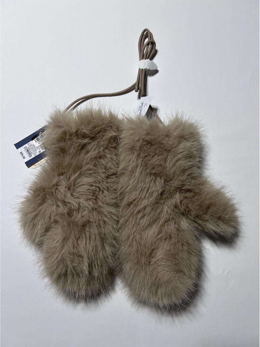 Alpine Hotel Beige Faux Fur Mittens with Leather Strap